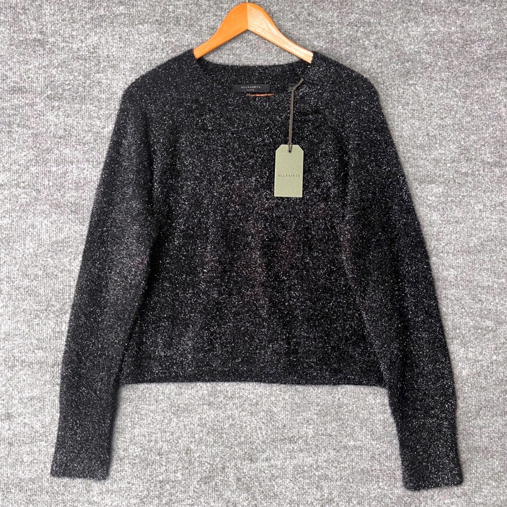 AllSaints Black Sparkle Jumper Metallic Knit Crewneck Sweater Womens Large NEW